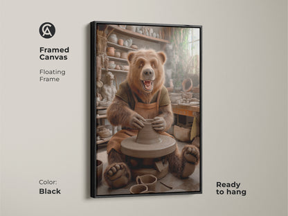 This framed canvas presents a bear at a pottery wheel. The floating frame in black enhances the whimsical animal studio wall art. It's ready to hang. The earth tone bear artwork creates a cozy home studio art piece. This brown pottery scene canvas is an ideal gift.