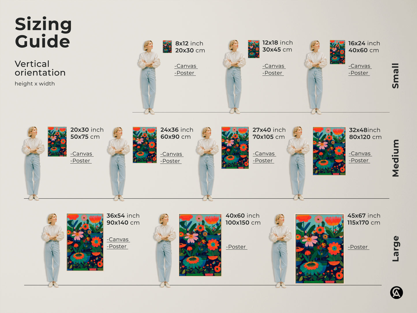 Sizing guide for vertical abstract botanical wall art. The modern folk art print is available in small medium and large sizes. Visualize canvas and poster options in various dimensions. Find the perfect fit for your bedroom wall art or eclectic living room decor. A great gift for plant lovers.