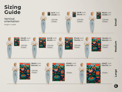 Sizing guide for vertical abstract botanical wall art. The modern folk art print is available in small medium and large sizes. Visualize canvas and poster options in various dimensions. Find the perfect fit for your bedroom wall art or eclectic living room decor. A great gift for plant lovers.