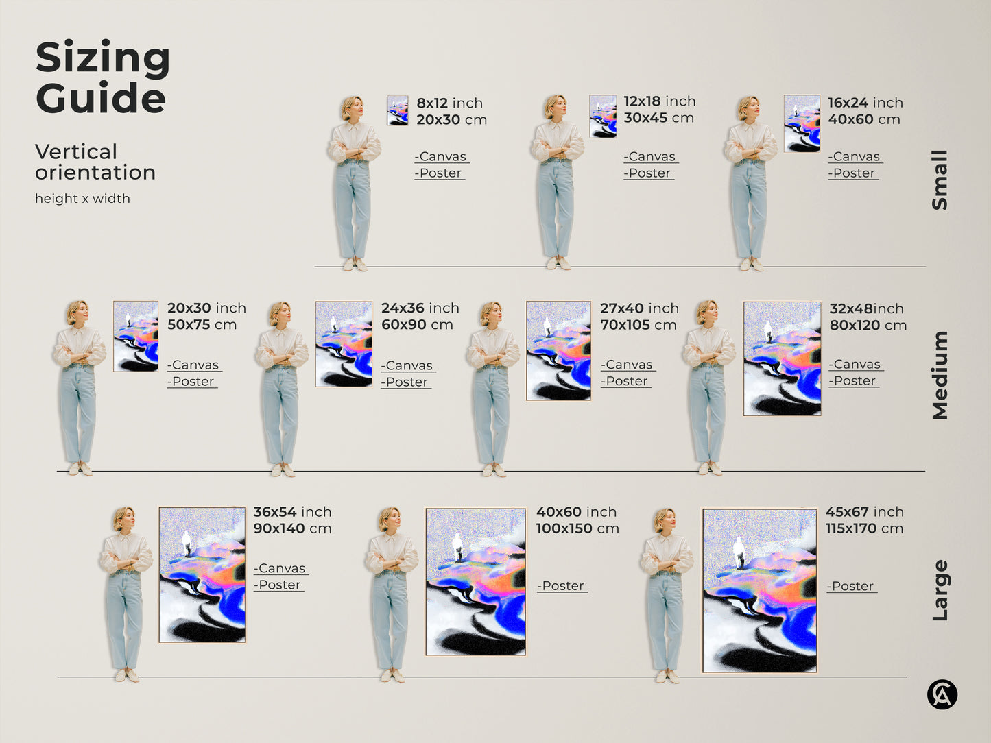 Sizing guide for vertical abstract art prints. See how different sizes of canvas and posters fit in a room. Choose from small medium and large sizes. Find the perfect fit for your unique abstract wall decor needs.