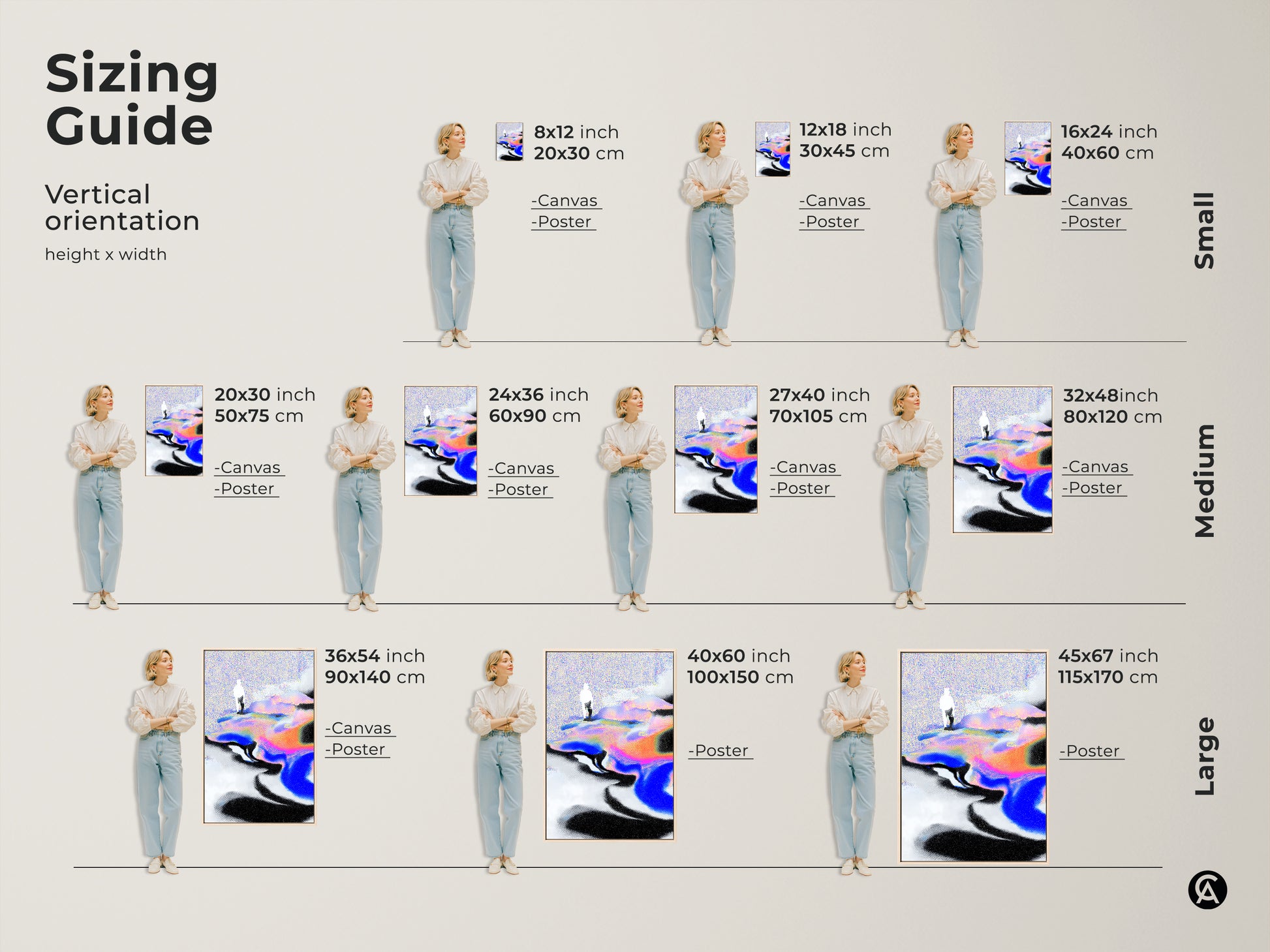 Sizing guide for vertical abstract art prints. See how different sizes of canvas and posters fit in a room. Choose from small medium and large sizes. Find the perfect fit for your unique abstract wall decor needs.