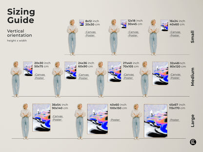 Sizing guide for vertical abstract art prints. See how different sizes of canvas and posters fit in a room. Choose from small medium and large sizes. Find the perfect fit for your unique abstract wall decor needs.
