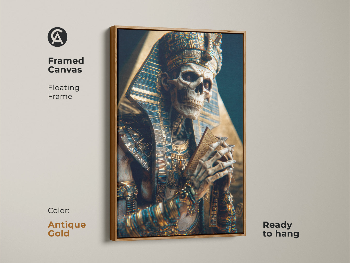 Framed Canvas of Gothic Pharaoh Skeleton artwork in an antique gold floating frame. Gold and blue hieroglyphs on this dark academia artwork blend ancient mystique. A unique statement wall art piece.