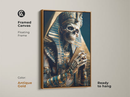 Framed Canvas of Gothic Pharaoh Skeleton artwork in an antique gold floating frame. Gold and blue hieroglyphs on this dark academia artwork blend ancient mystique. A unique statement wall art piece.
