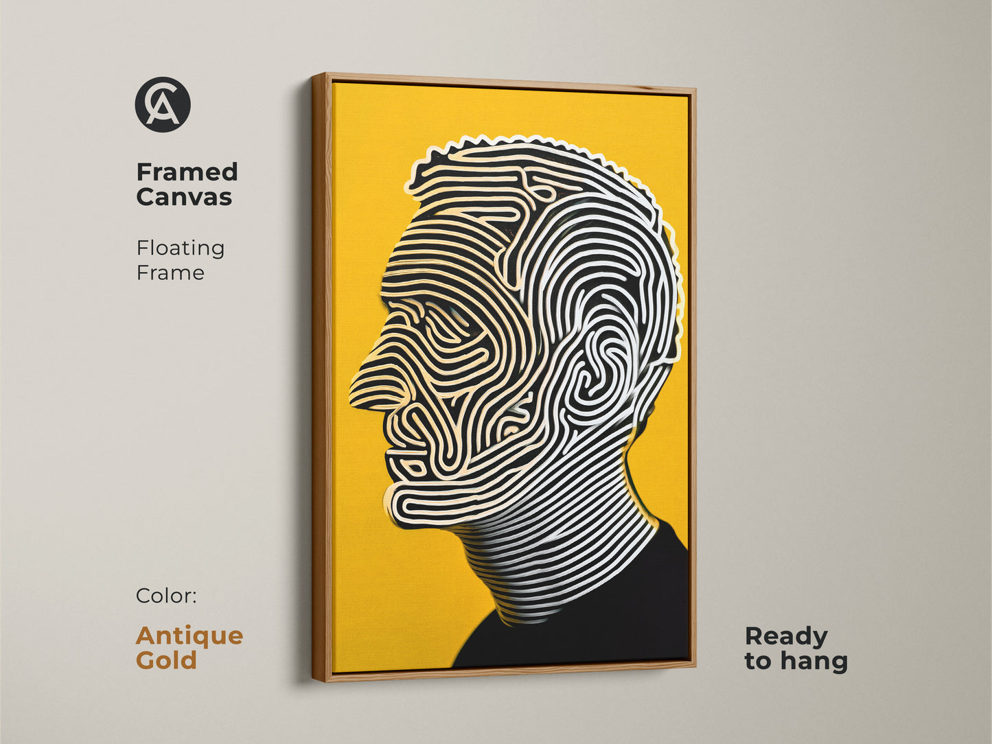 Framed canvas portrait artwork with a floating antique gold frame. The artwork features a man's profile. It is composed of flowing lines against a yellow backdrop. Ready to hang this artwork will enhance any space. Its gold frame adds luxury.