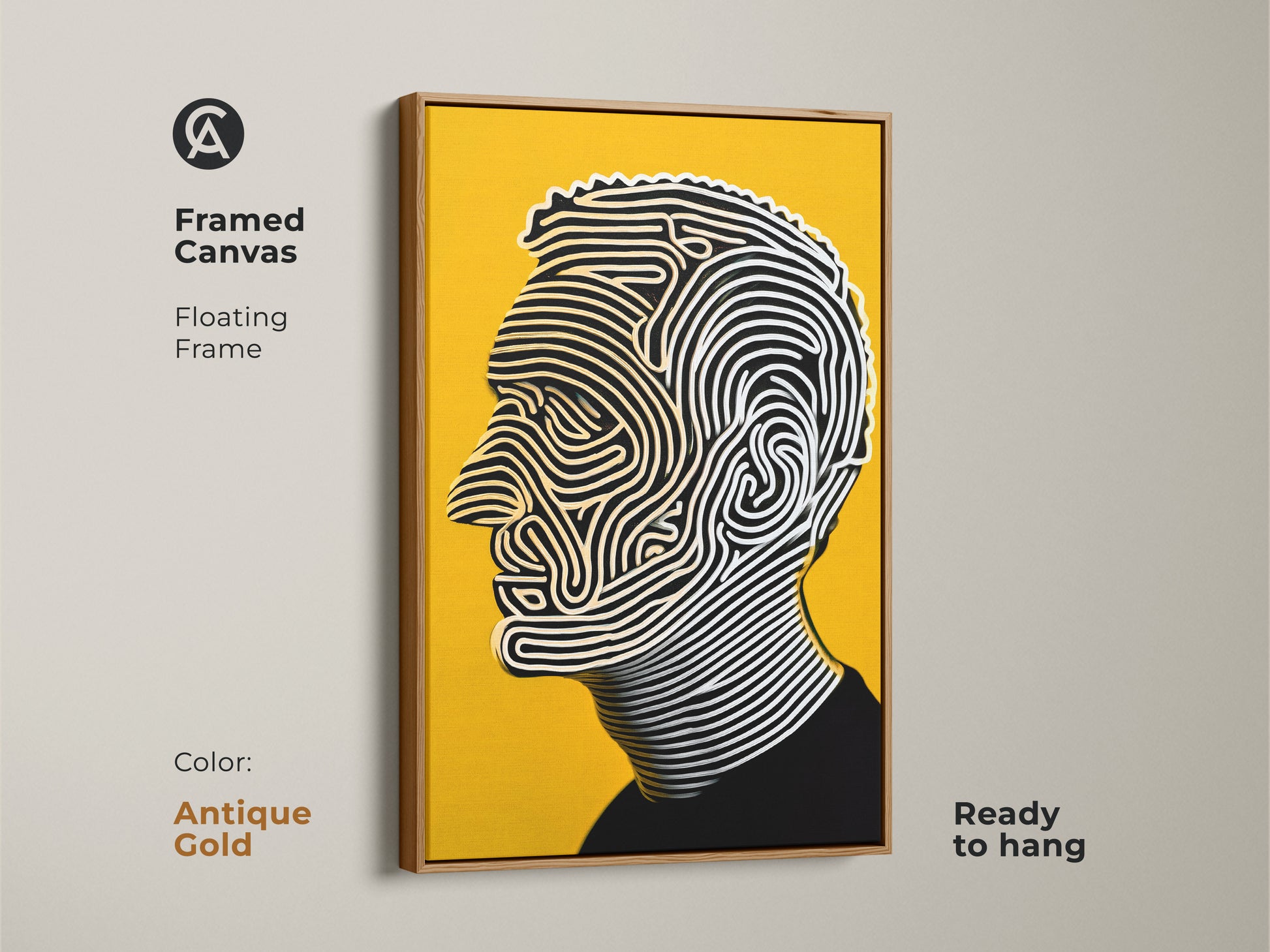 Framed canvas portrait artwork with a floating antique gold frame. The artwork features a man's profile. It is composed of flowing lines against a yellow backdrop. Ready to hang this artwork will enhance any space. Its gold frame adds luxury.
