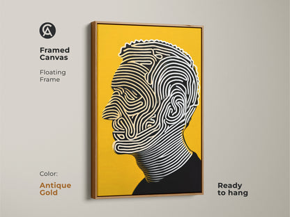 Framed canvas portrait artwork with a floating antique gold frame. The artwork features a man's profile. It is composed of flowing lines against a yellow backdrop. Ready to hang this artwork will enhance any space. Its gold frame adds luxury.