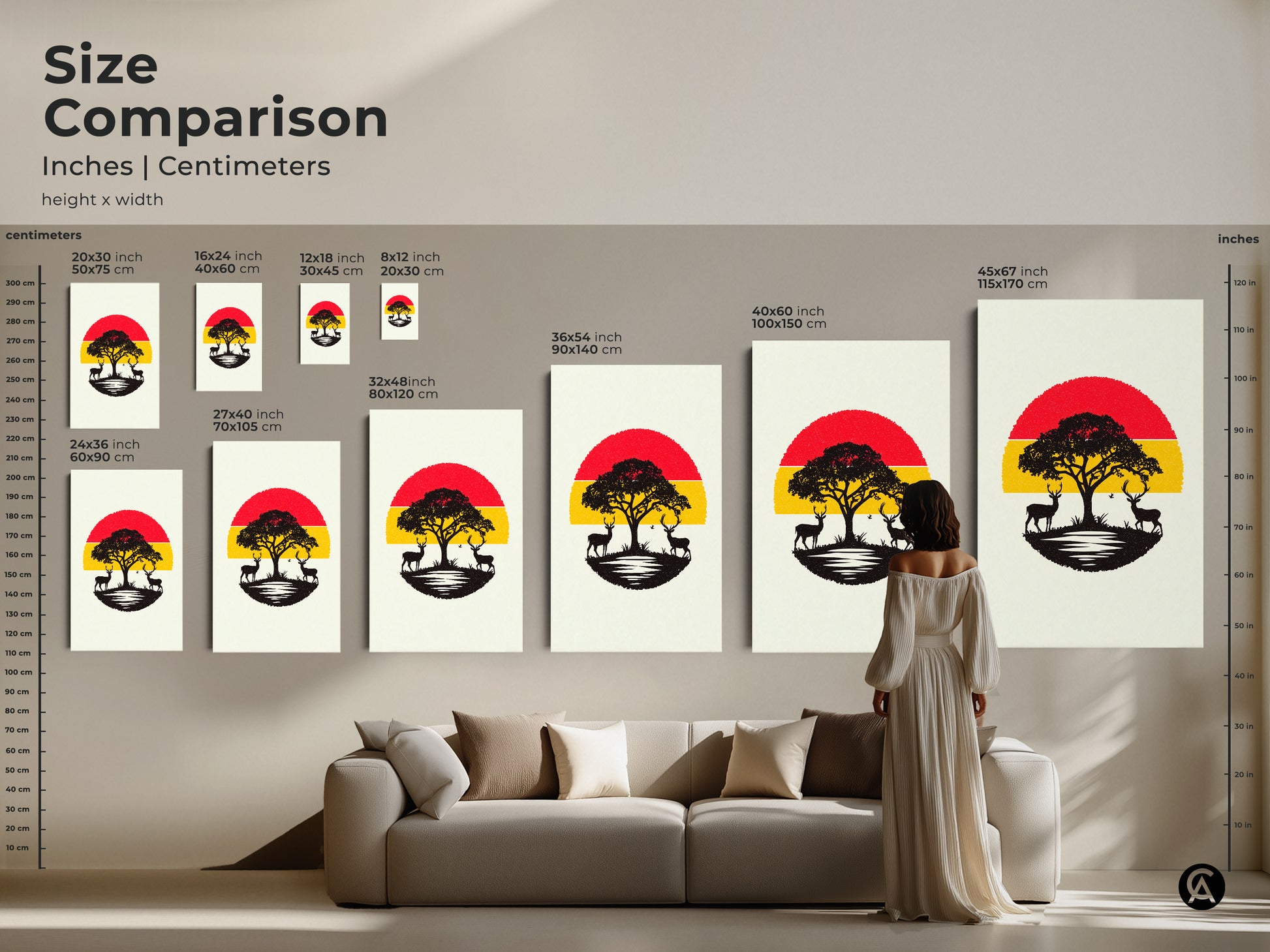 Size comparison for minimalist landscape art prints in inches and centimeters. The artwork displays a red and yellow sunset with an acacia tree and deer silhouettes. Sizes range from small to large for posters and canvas options fitting any space.