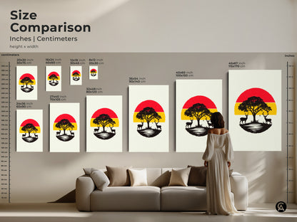 Size comparison for minimalist landscape art prints in inches and centimeters. The artwork displays a red and yellow sunset with an acacia tree and deer silhouettes. Sizes range from small to large for posters and canvas options fitting any space.