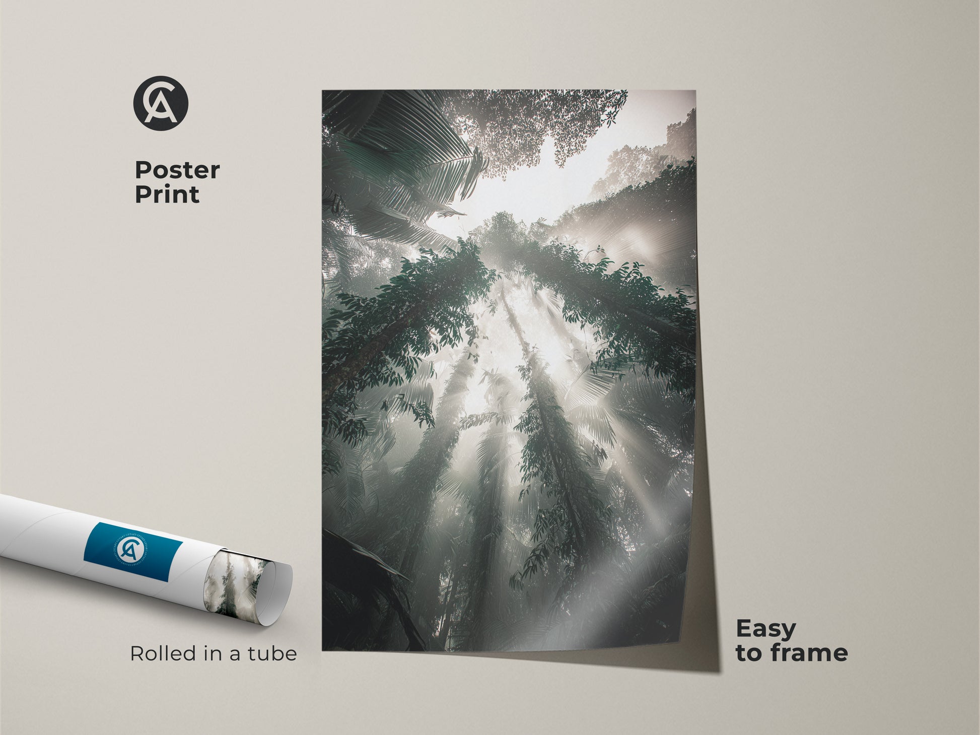 A misty forest poster print captures an atmospheric jungle scene with lush trees. Rolled in a tube for easy framing this teal gray green nature artwork is perfect for a home office. Bring the outdoors in with this biophilic print.