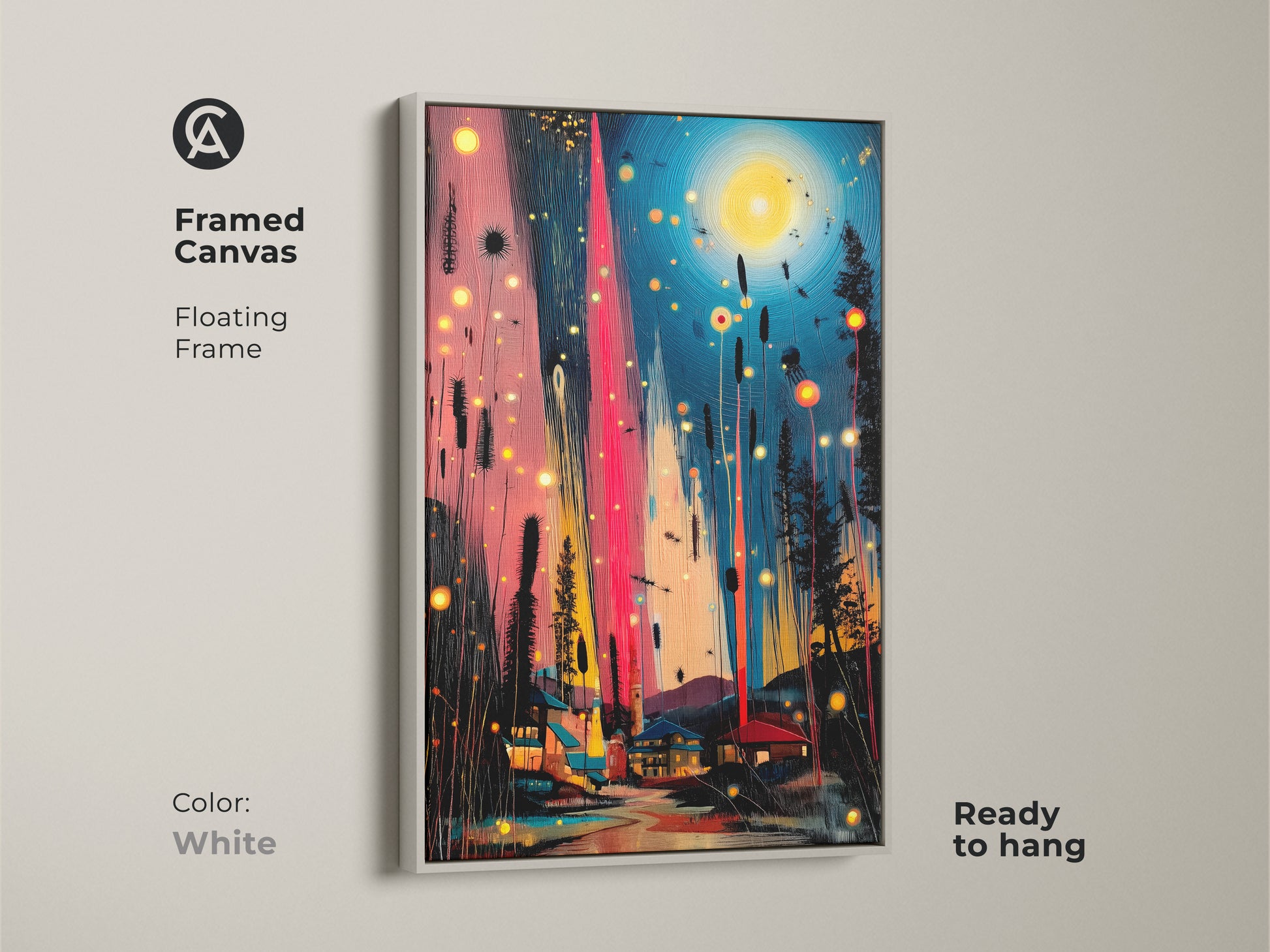 Framed canvas in white featuring abstract teal and pink art. The floating frame accentuates the village night scene. Ready to hang this artwork enhances eclectic interiors with color and charm.