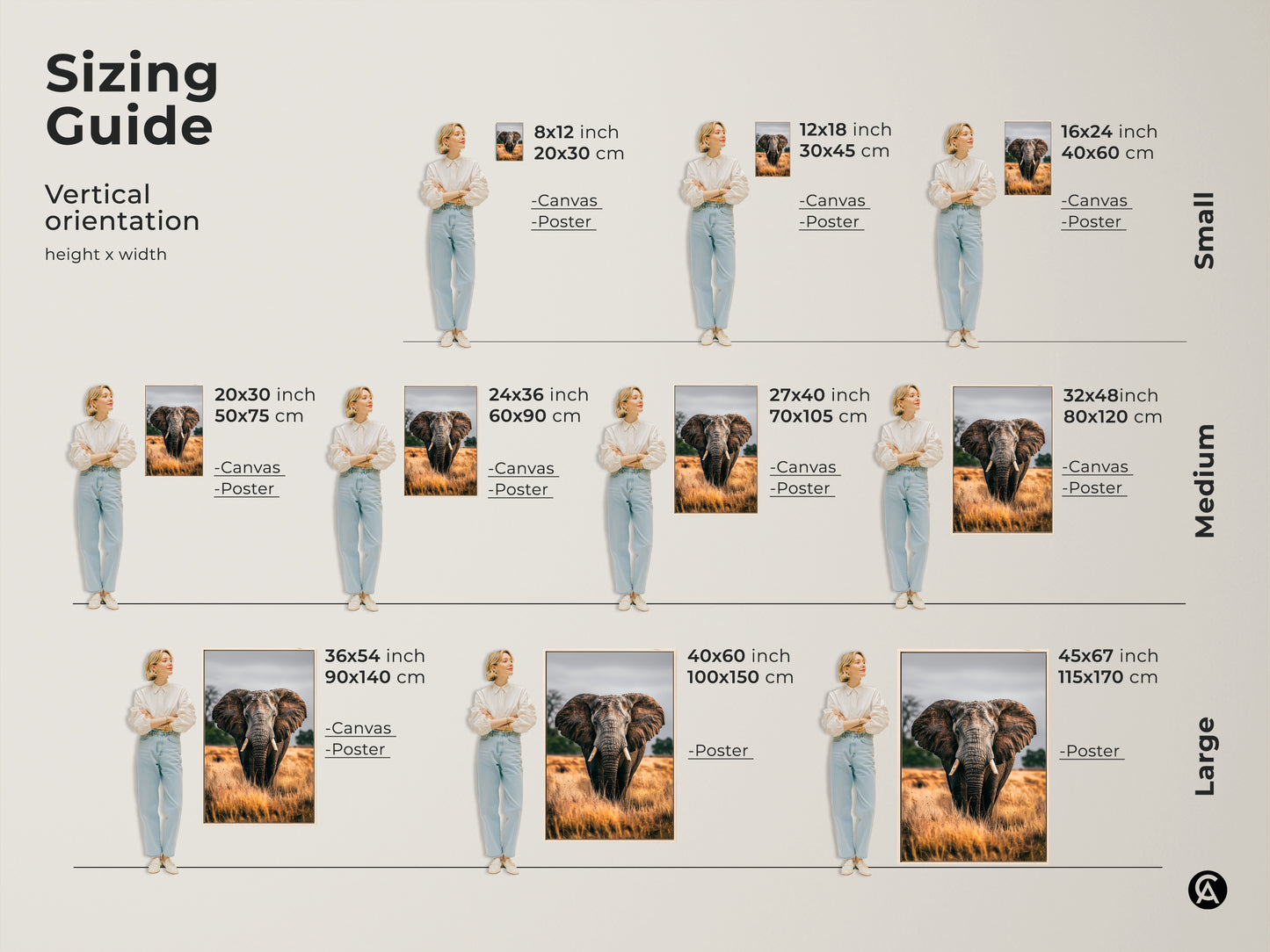 Sizing guide for vertical elephant artwork. Available as canvas or poster in small medium and large sizes. Find the perfect fit for your wall. Rustic home decor featuring earthy brown and grey tones. Enhance your bedroom wall with this photorealistic animal art. Perfect housewarming gift idea for safari theme decor.