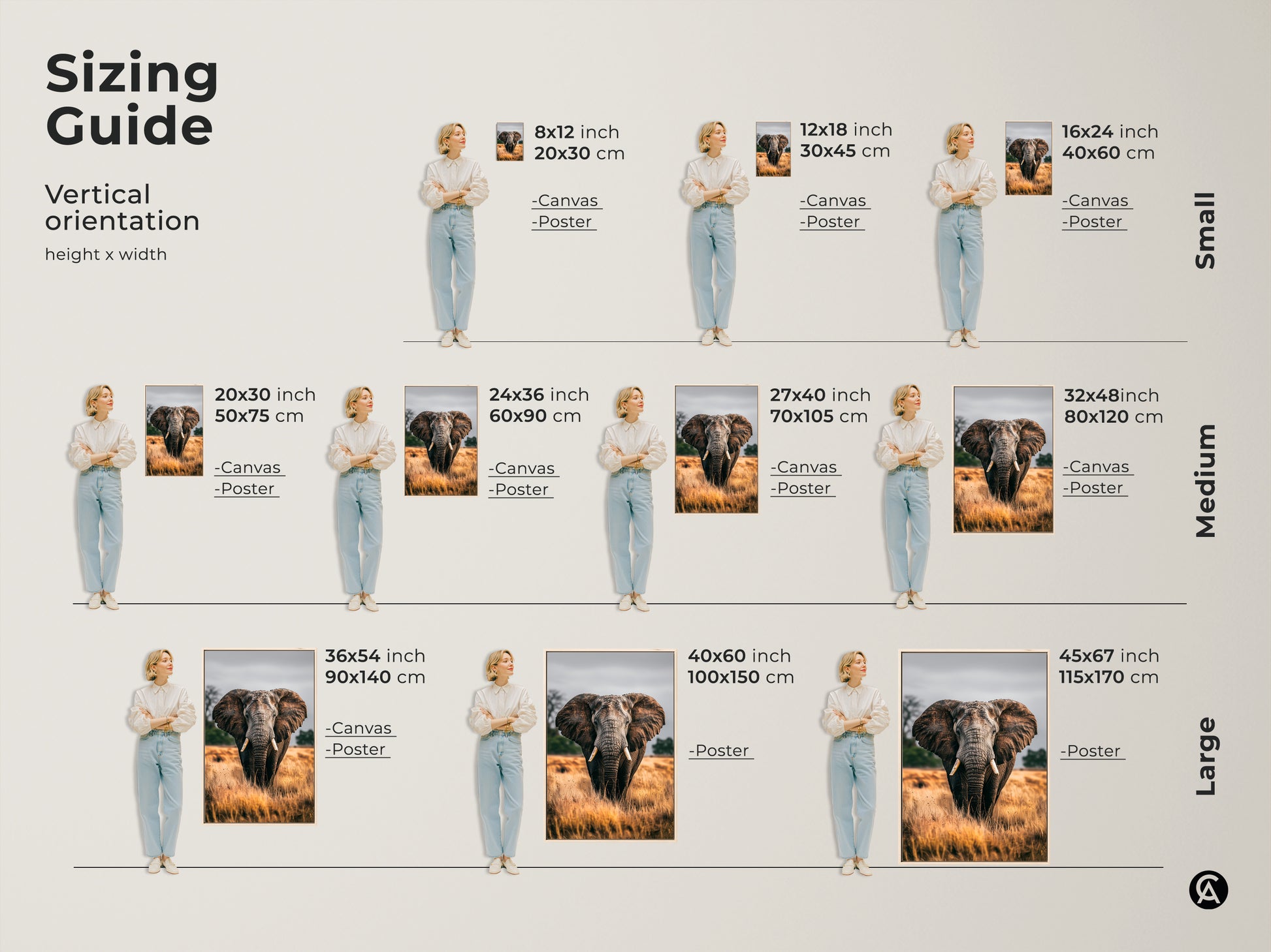 Sizing guide for vertical elephant artwork. Available as canvas or poster in small medium and large sizes. Find the perfect fit for your wall. Rustic home decor featuring earthy brown and grey tones. Enhance your bedroom wall with this photorealistic animal art. Perfect housewarming gift idea for safari theme decor.