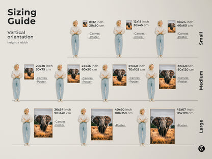 Sizing guide for vertical elephant artwork. Available as canvas or poster in small medium and large sizes. Find the perfect fit for your wall. Rustic home decor featuring earthy brown and grey tones. Enhance your bedroom wall with this photorealistic animal art. Perfect housewarming gift idea for safari theme decor.