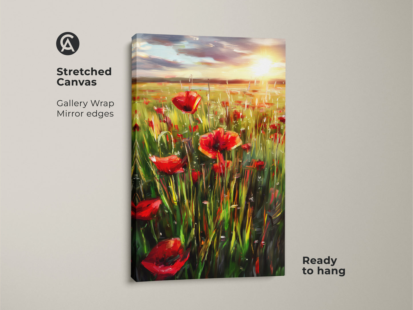 Stretched canvas of an impressionist poppy field. The gallery wrap and mirror edges enhance the vibrant red floral artwork. Ready to hang this boho home decor brings a summer meadow indoors. Ideal nature inspired wall art for a garden lover's home.