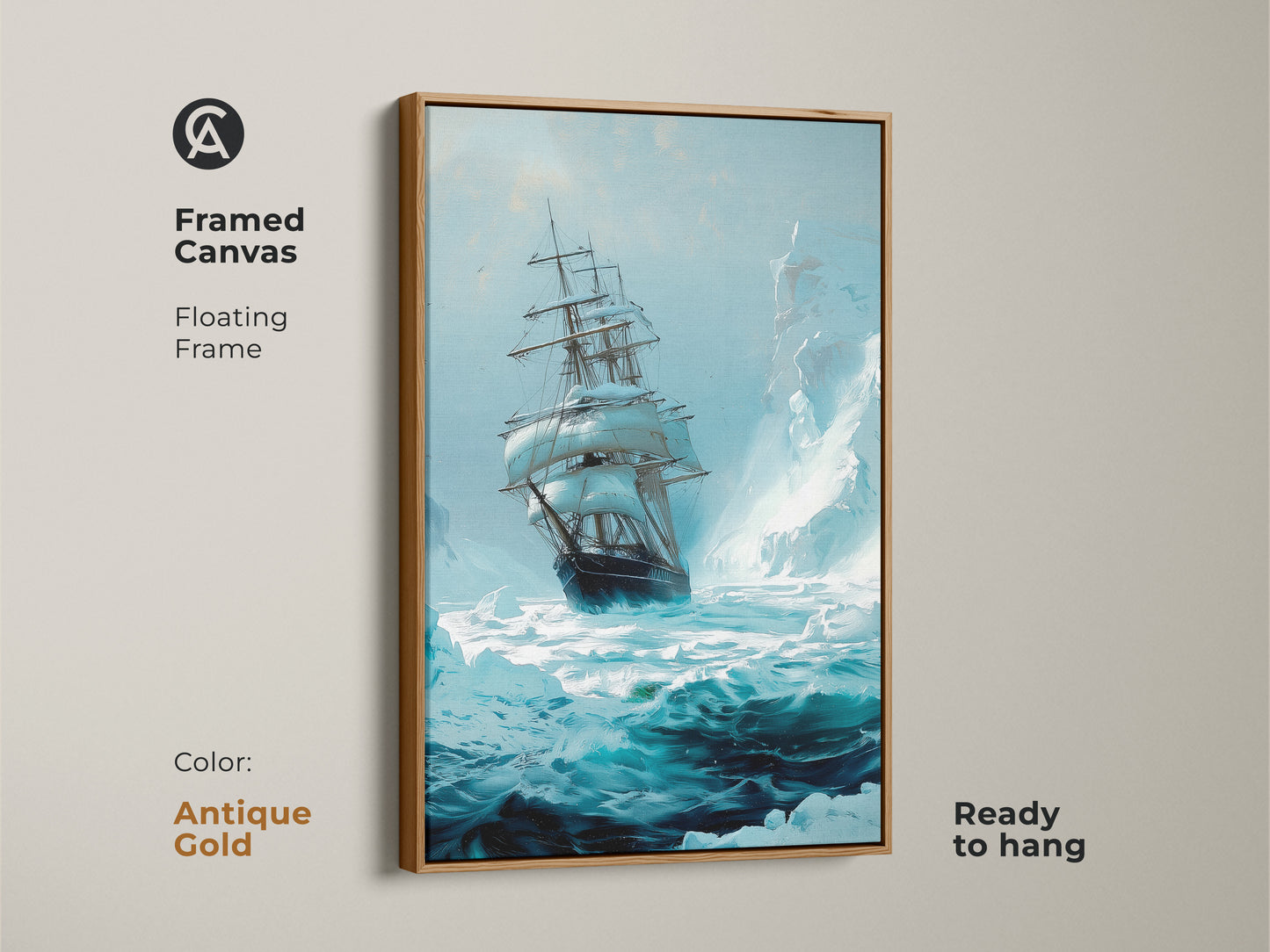A framed canvas featuring a tall ship art print. It has an antique gold floating frame. This nautical wall art showcases a vintage ocean sailboat and iceberg maritime adventure. Deep teal blue tones evoke the sea.