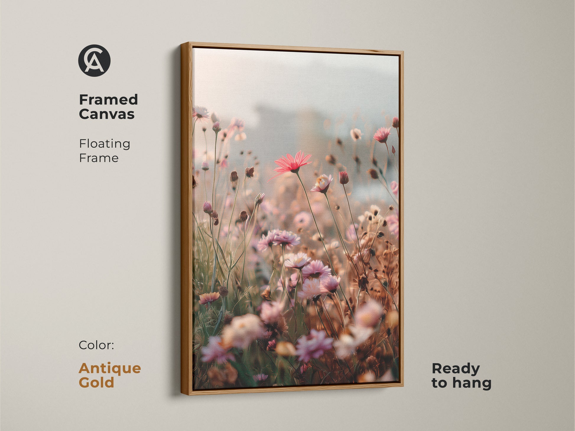 Framed Canvas in antique gold with a floating frame showcasing Soft Focus Floral Art Print. This coral pink daisy and cosmos botanical wall art adds boho blush pink to any room. Ready to hang and makes a great housewarming gift.