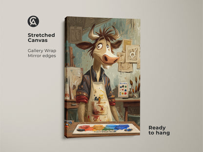 Stretched canvas print of a cartoon cow artist. The gallery-wrapped canvas has mirror edges and is ready to hang. Funny animal art for an art studio or home office wall. Expressive artwork of a cow painting with a palette and easel. A unique and quirky addition to eclectic home decor.
