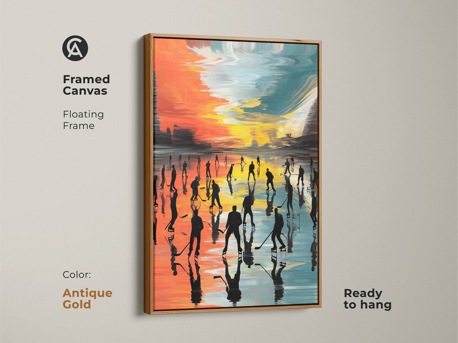 Framed canvas featuring abstract hockey art with an antique gold floating frame. The contemporary artwork shows an ice arena using orange teal and yellow. Silhouetted players create a dynamic sports scene ready to hang.
