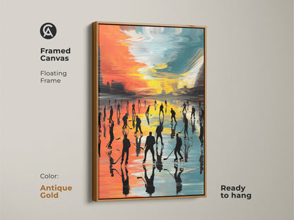 Framed canvas featuring abstract hockey art with an antique gold floating frame. The contemporary artwork shows an ice arena using orange teal and yellow. Silhouetted players create a dynamic sports scene ready to hang.