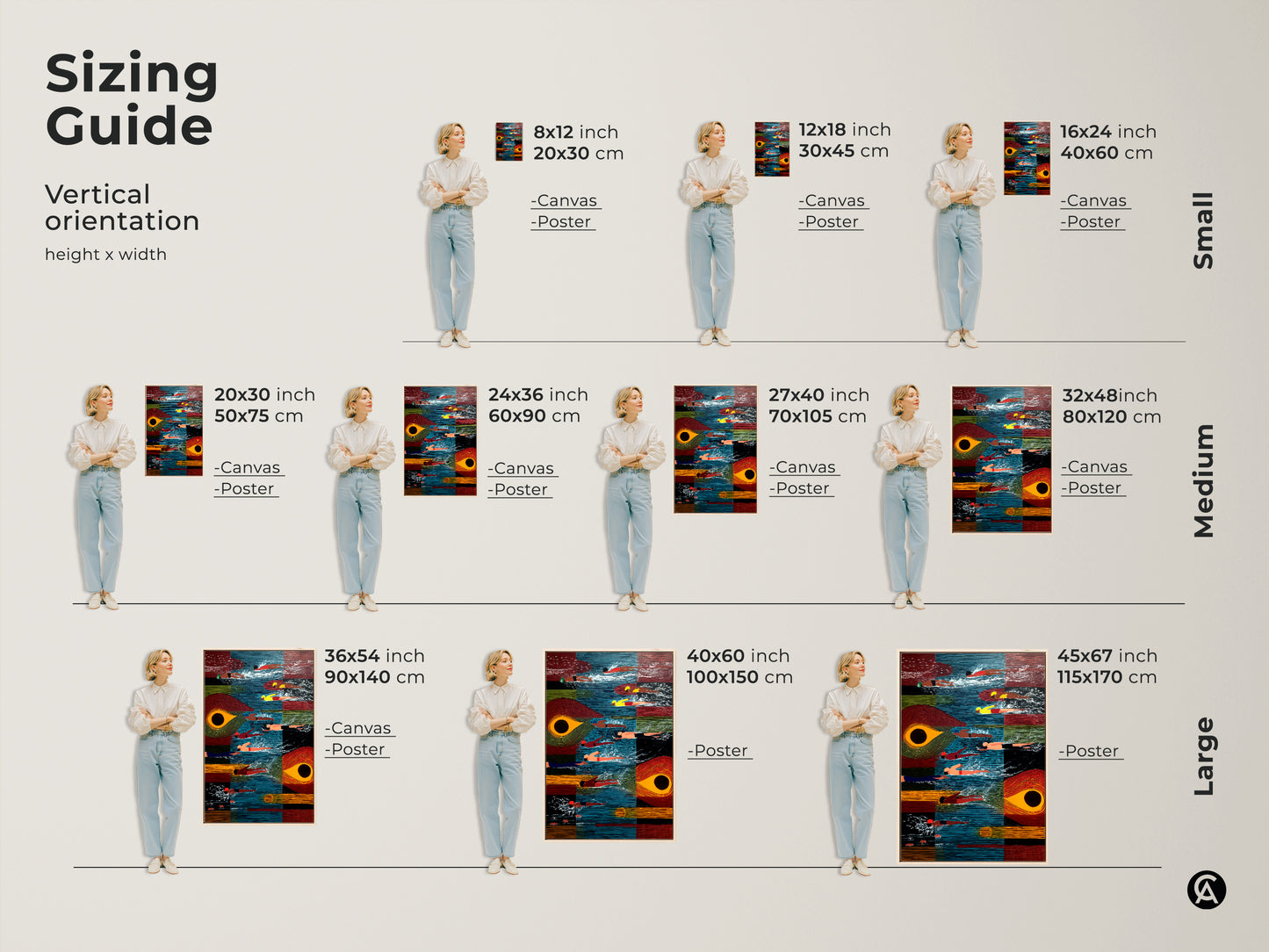 Explore the sizing guide for this abstract swimmers artwork available in small medium and large sizes. Perfect for various spaces this mid-century modern art print enhances any room. This blue orange and red swimming abstract canvas can be a unique gift for athletes or art enthusiasts.