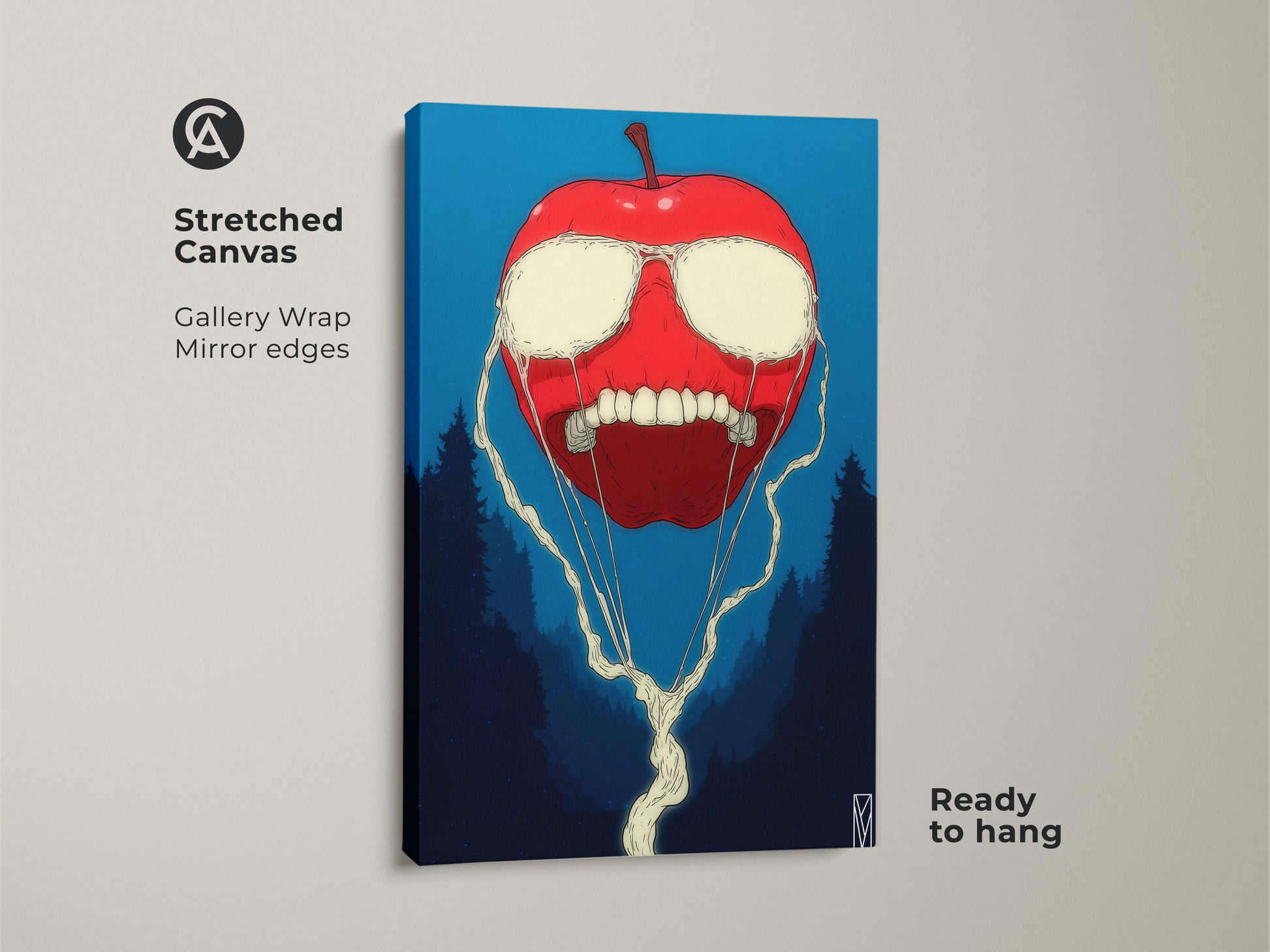 This is a stretched canvas gallery wrap of apple artwork. The surreal art features a red apple with white liquid eyes and a toothy grin. Dark trees complete the background. This canvas is ready to hang.