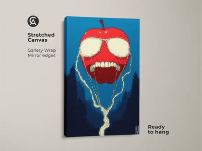 This is a stretched canvas gallery wrap of apple artwork. The surreal art features a red apple with white liquid eyes and a toothy grin. Dark trees complete the background. This canvas is ready to hang.