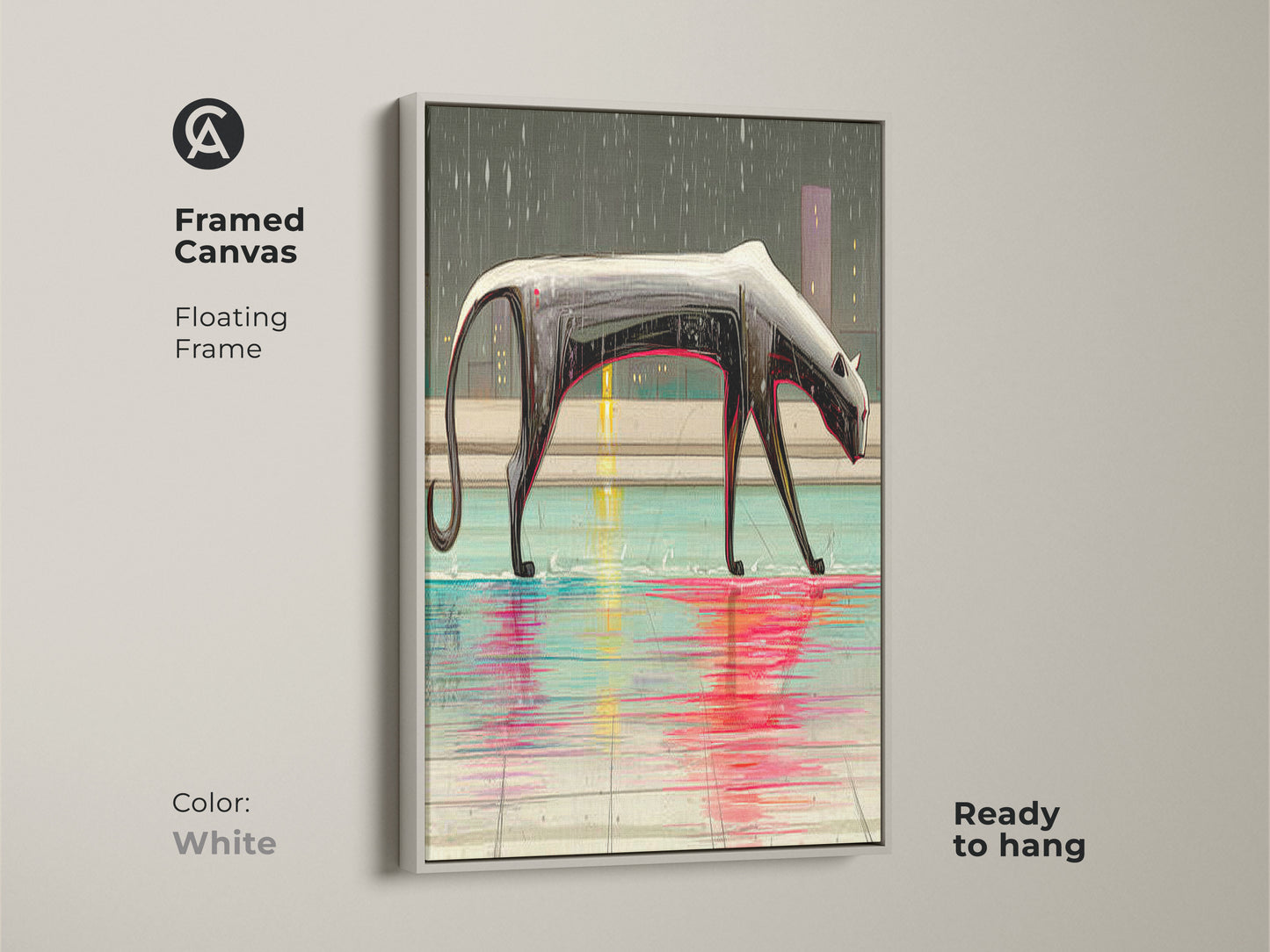 Framed canvas art print of a surreal panther in a white floating frame. This print offers bold color wall art. Bring an urban jungle art into your home. This print is a great gift for art collectors. It is ready to hang and enjoy.