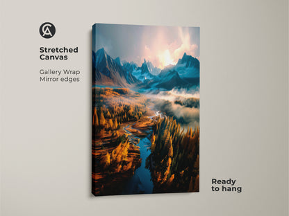 Stretched Canvas landscape artwork showing mountains a river and golden trees. This gallery-wrapped canvas has mirror edges. The artwork is ready to hang adding natural beauty to your home. Purchase this canvas print for a stunning wall decor upgrade.