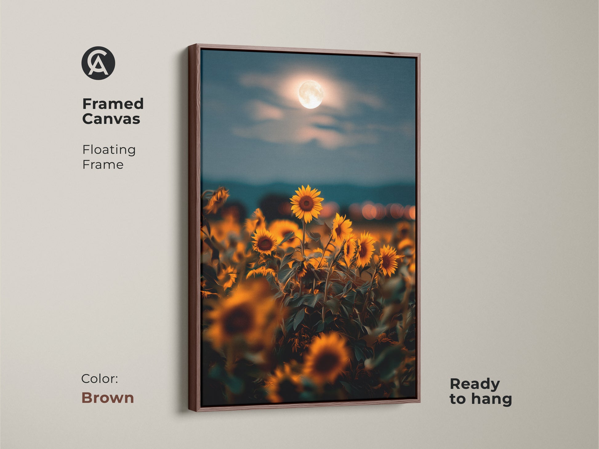 Framed canvas in brown showcasing a moonlit sunflower field. This boho floral wall art is ready to hang with a floating frame. The dreamy print combines golden yellow orange and teal tones. It's perfect for adding warmth to a living room or bedroom.