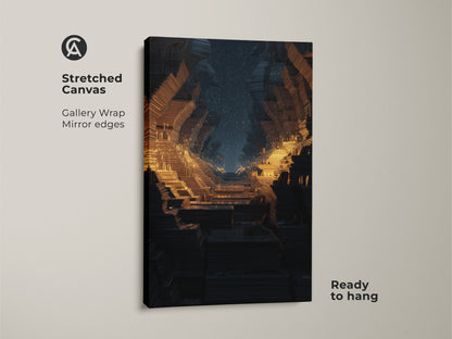 Stretched canvas gallery wrap featuring abstract fractal tunnel art. The sci-fi digital wall art has mirror edges and is ready to hang. A futuristic geometric canvas in gold orange and dark blue.