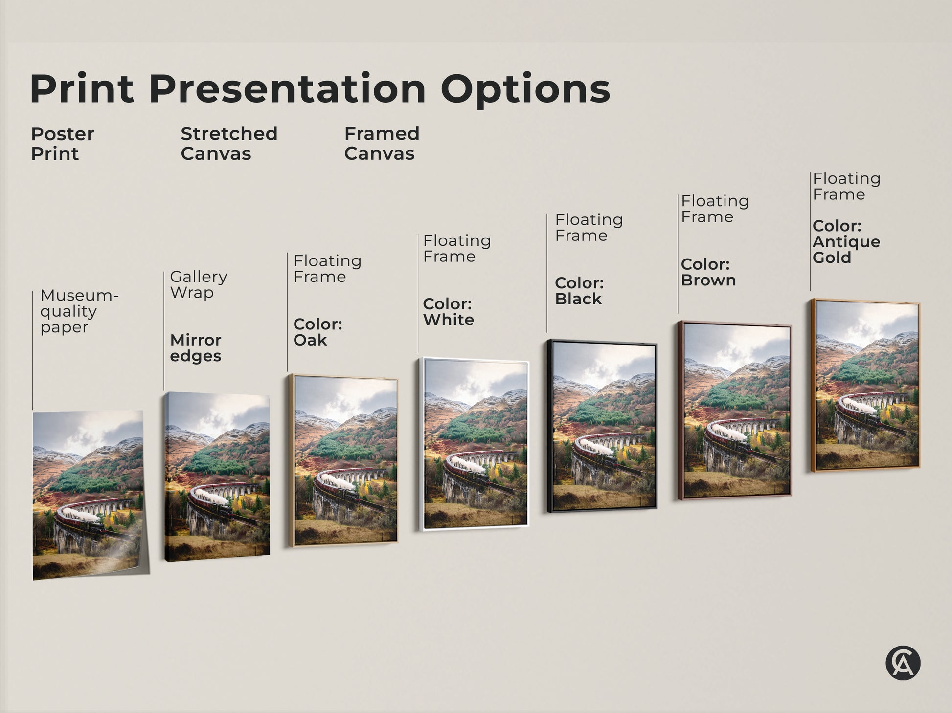 Explore print presentation options for this scenic railway wall art. Choose from poster print stretched canvas or framed canvas. Featuring a vintage steam train crossing a viaduct these traditional train artworks include options like museum quality paper and floating frames.