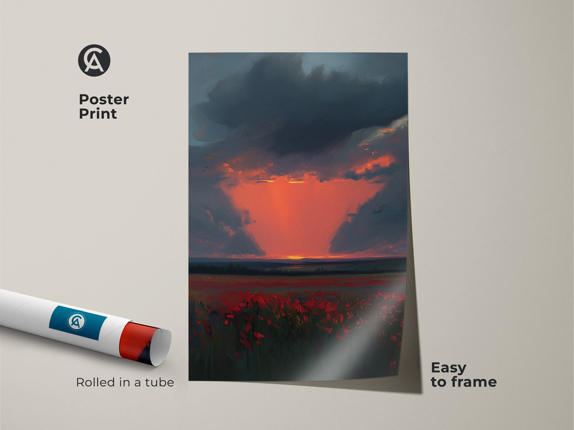 Poster Print of a Crimson Poppy Field at Sunset. The artwork is rolled in a tube for protection. It is easy to frame. The orange and dark blue sky makes it perfect for any room. A beautiful nature art.