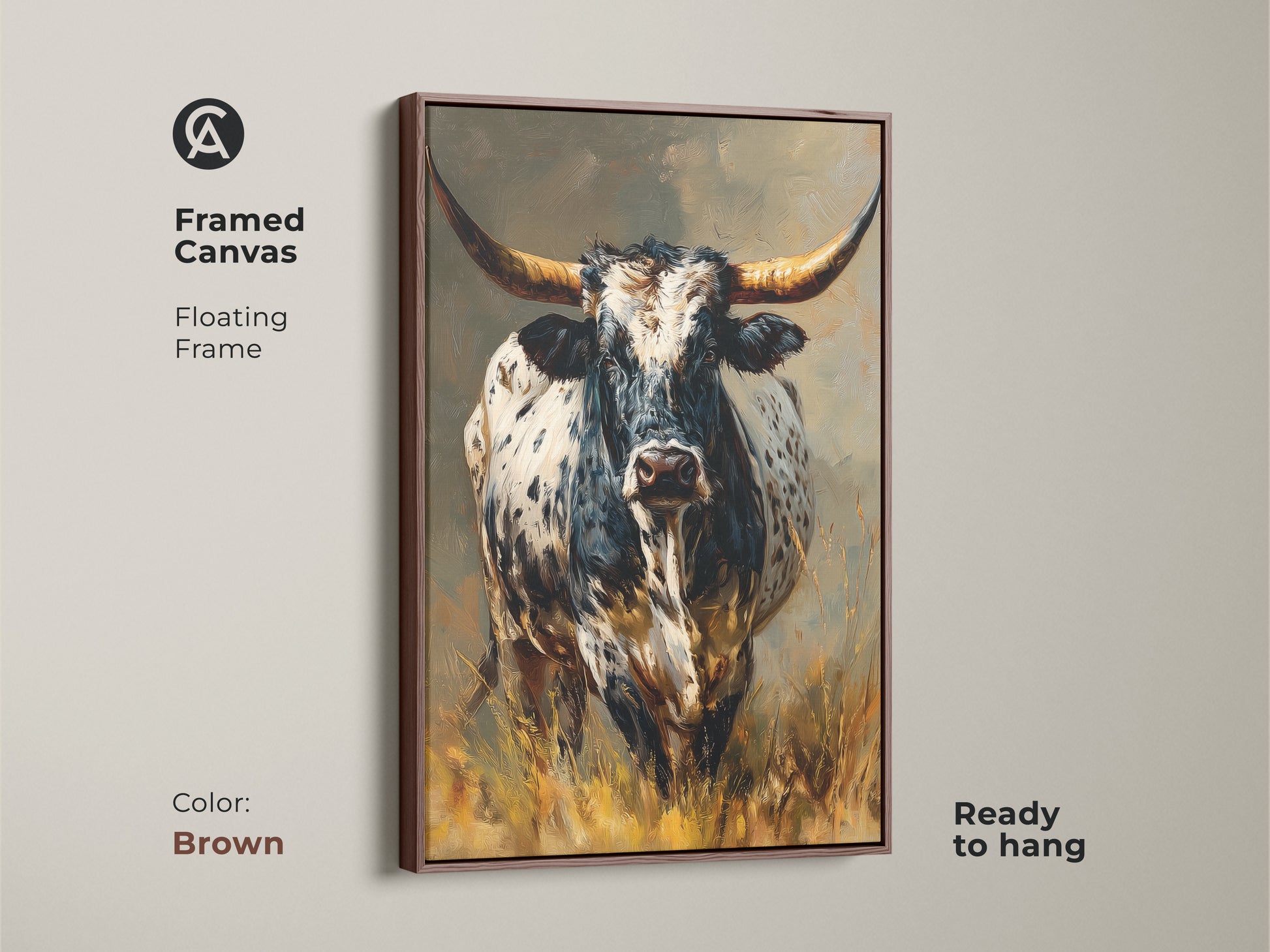 Framed canvas featuring Longhorn Bull artwork. The brown floating frame enhances the black and white animal artwork. It's ready to hang. This rustic western wall decor complements any space. Perfect for farmhouse homes. It adds a cowboy touch. An ideal gift for wildlife and western art collectors. The textured animal artwork stands out.