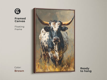 Framed canvas featuring Longhorn Bull artwork. The brown floating frame enhances the black and white animal artwork. It's ready to hang. This rustic western wall decor complements any space. Perfect for farmhouse homes. It adds a cowboy touch. An ideal gift for wildlife and western art collectors. The textured animal artwork stands out.