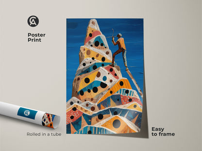 This poster print features a surreal mountain climb scene. The abstract geometric peak art includes an adventurer. Easy to frame cobalt blue yellow orange artwork perfect for study or office decor.