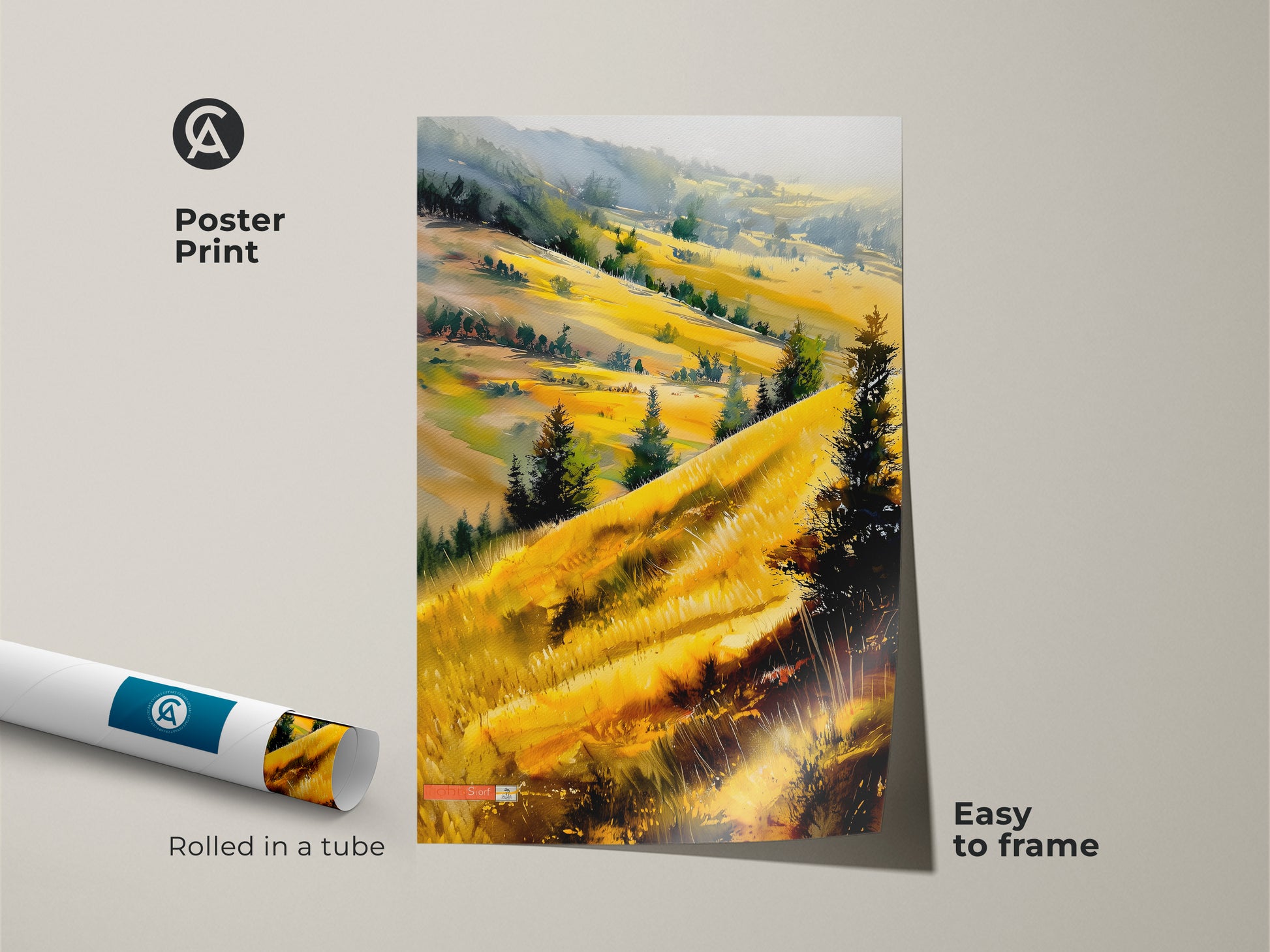 Poster print of rolling golden hills. Impressionist landscape artwork rolled in a tube for easy framing. Yellow and green scenery wall art. Ideal for nature lovers. Add a touch of farmhouse style to your decor.
