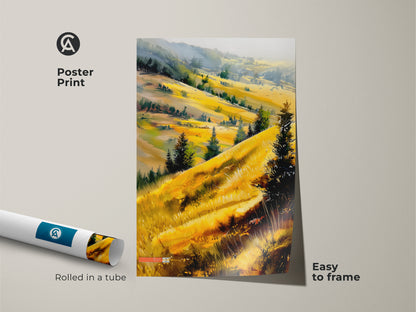 Poster print of rolling golden hills. Impressionist landscape artwork rolled in a tube for easy framing. Yellow and green scenery wall art. Ideal for nature lovers. Add a touch of farmhouse style to your decor.