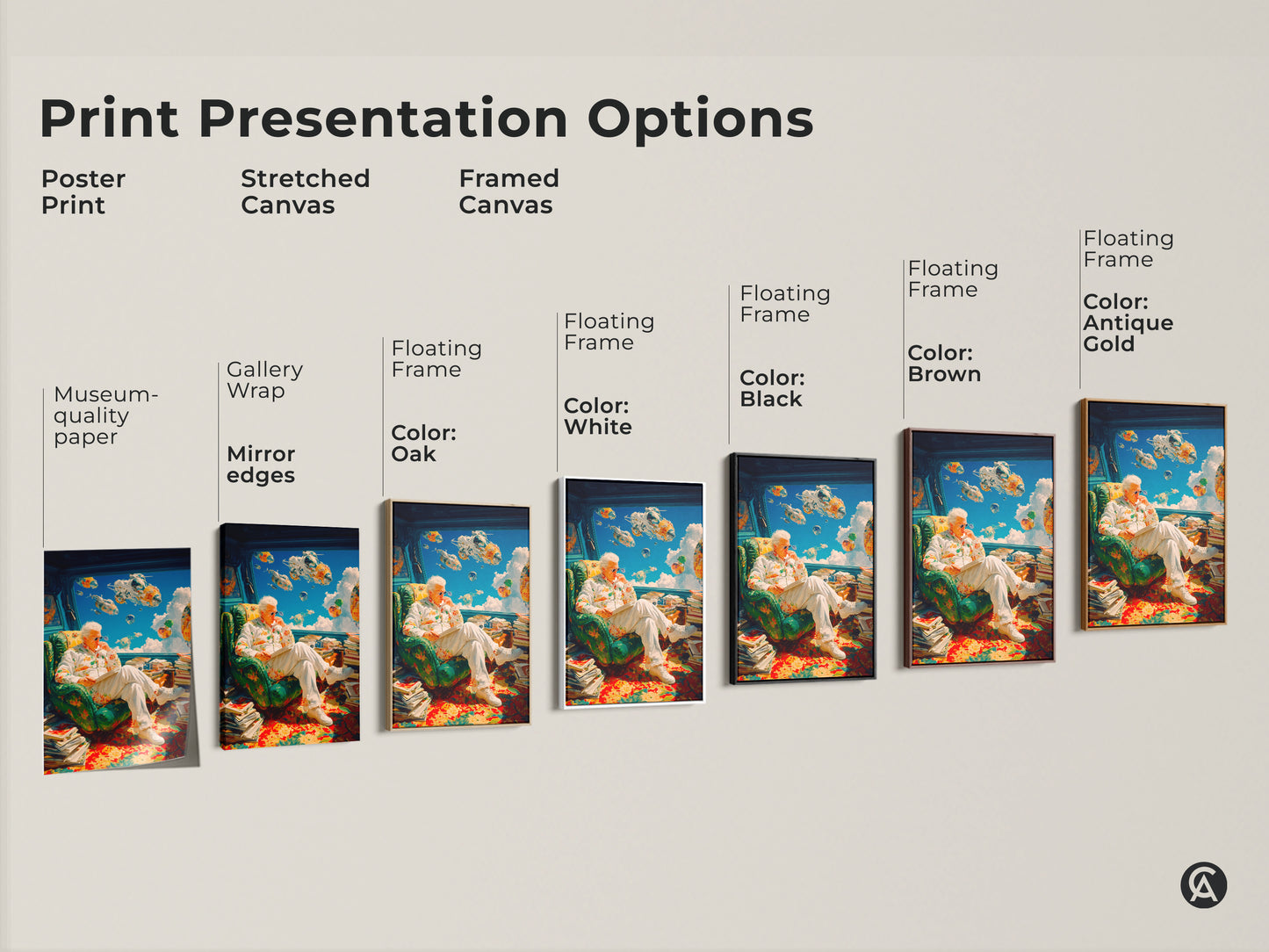 Print presentation options showcasing the artwork in poster print stretched canvas and framed canvas formats. Choose the perfect style for your home decor. Options include floating frames in various colors. Find the ideal art piece today.