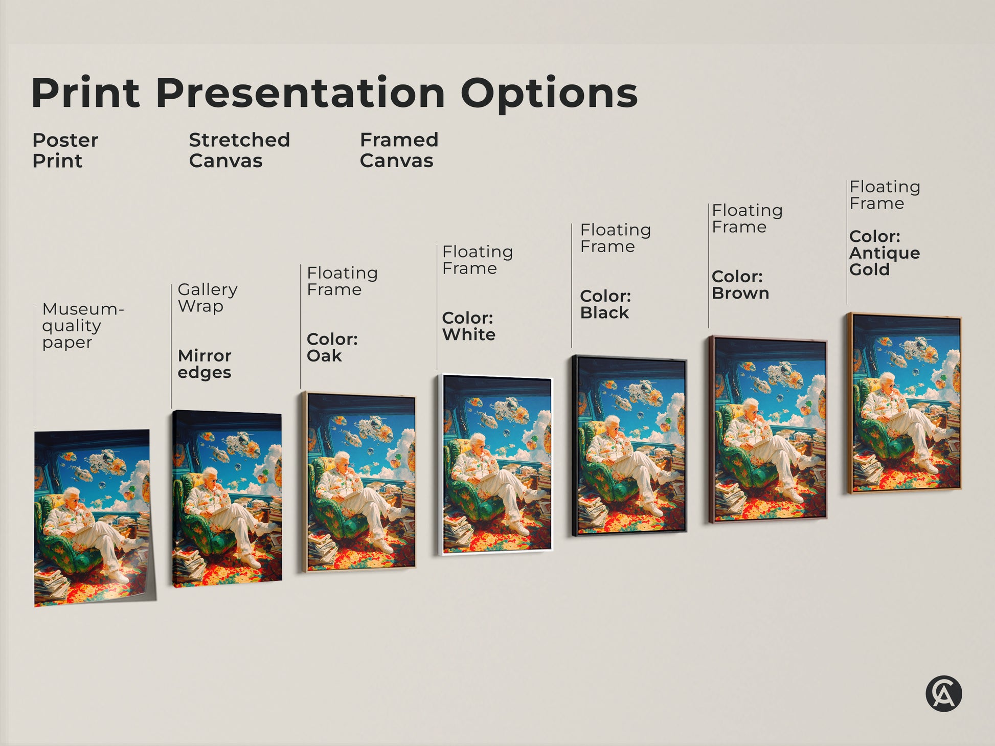 Print presentation options showcasing the artwork in poster print stretched canvas and framed canvas formats. Choose the perfect style for your home decor. Options include floating frames in various colors. Find the ideal art piece today.