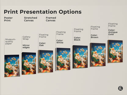 Print presentation options showcasing the artwork in poster print stretched canvas and framed canvas formats. Choose the perfect style for your home decor. Options include floating frames in various colors. Find the ideal art piece today.