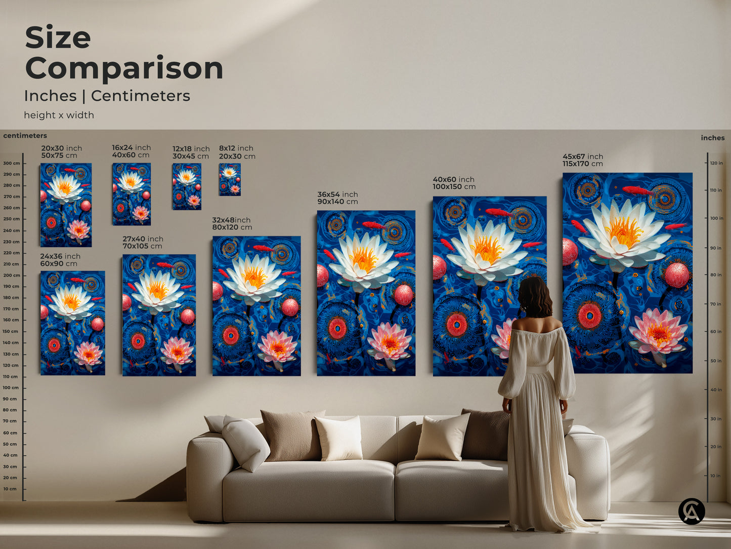 Size comparison showcasing Modern Folk botanical art prints with water lilies and koi fish. See how various sizes of canvas prints and posters look above a sofa. This visual guide helps choose the perfect size for your space. The deep blue orange and red artwork.