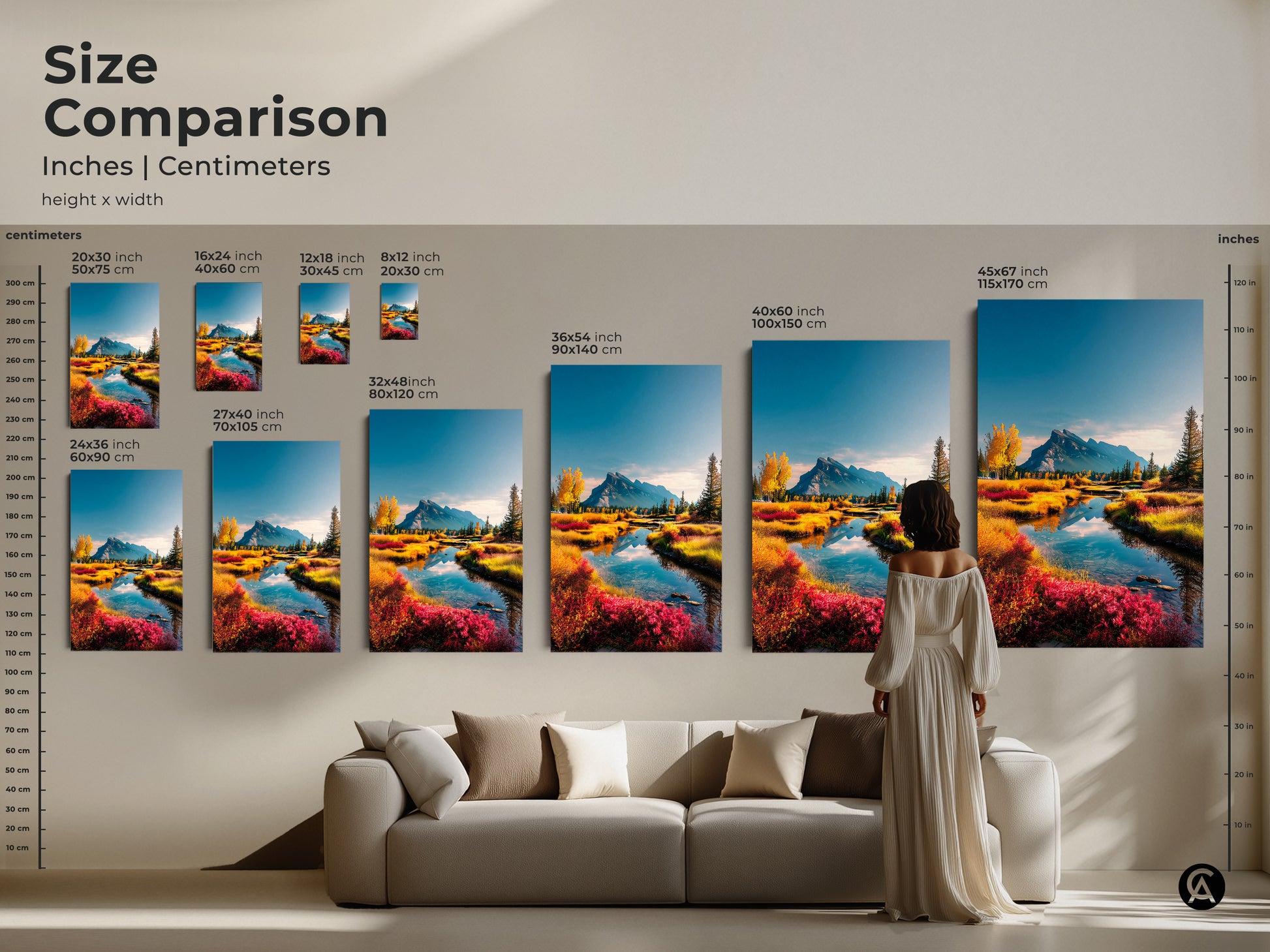 Size comparison of mountain river artwork. See how canvas art scales in inches and centimeters. Various sizes are available to fit your space. Choose the perfect artwork dimension.