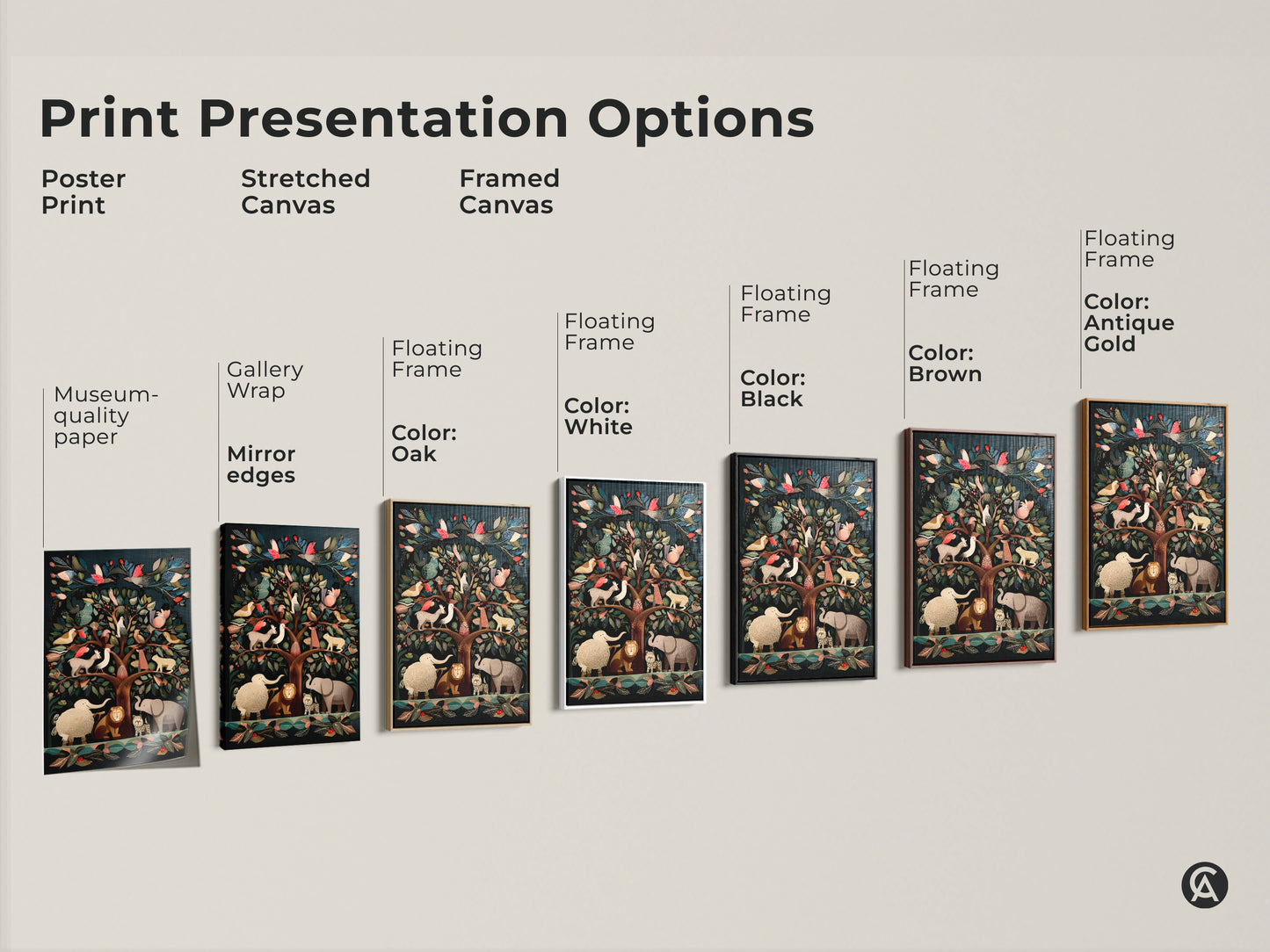 Print presentation options for the Folk Art Tree of Life wall art. Options include poster prints stretched canvas art and framed canvas art in colors such as black brown antique gold white and oak. Find the perfect fit for your space.