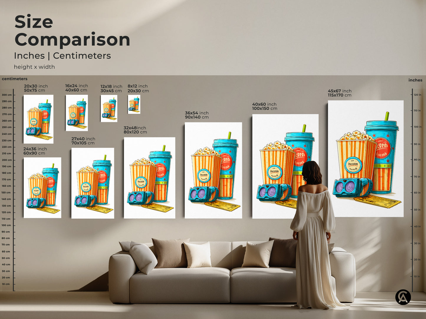 Size comparison featuring cinema art prints showing various canvas and poster sizes with retro popcorn soda and 3D glasses art. Visualize eclectic teal orange home theater decor and find the perfect fit for your space.