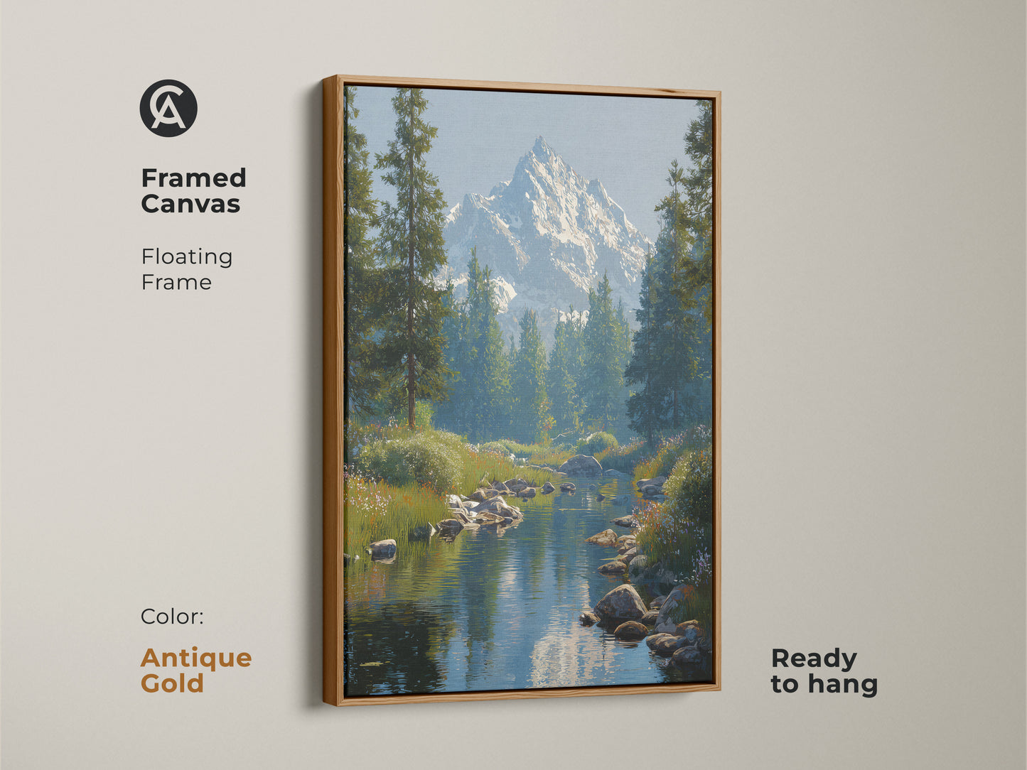 Framed canvas print of a tranquil mountain river landscape. A snowy peak towers above a pine tree forest. The antique gold floating frame adds a touch of vintage charm. Perfect housewarming gift for nature lovers. Enhance your bedroom with this realistic nature art.