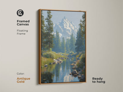 Framed canvas print of a tranquil mountain river landscape. A snowy peak towers above a pine tree forest. The antique gold floating frame adds a touch of vintage charm. Perfect housewarming gift for nature lovers. Enhance your bedroom with this realistic nature art.