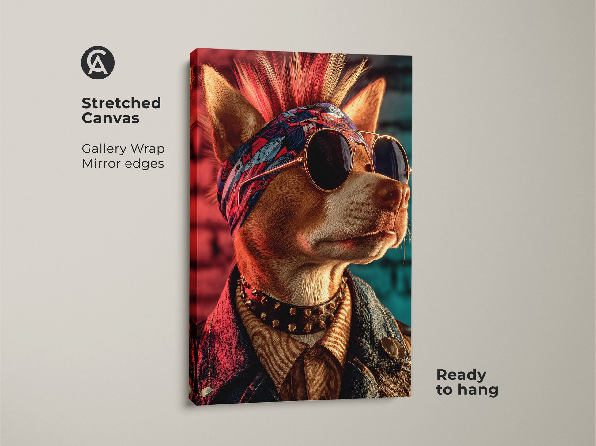 Stretched canvas gallery wrap featuring a punk rock dog. The artwork has mirror edges and is ready to hang. It is a Mohawk dog wall art print with a cool vibe. This dog has sunglasses and a spiked collar. Ideal eclectic man cave decor and bar area wall art. A great gift for punk music fans.