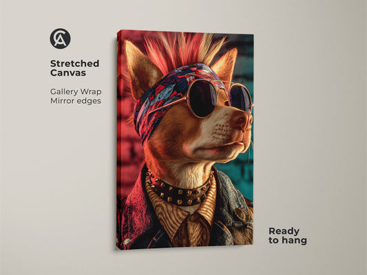Stretched canvas gallery wrap featuring a punk rock dog. The artwork has mirror edges and is ready to hang. It is a Mohawk dog wall art print with a cool vibe. This dog has sunglasses and a spiked collar. Ideal eclectic man cave decor and bar area wall art. A great gift for punk music fans.