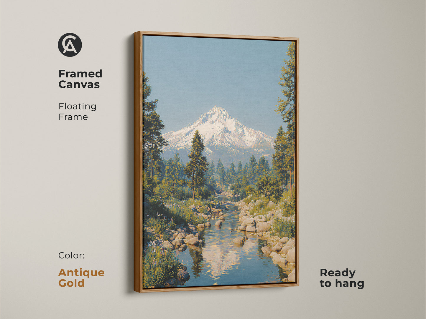 Framed canvas of a rustic mountain river art print with a floating antique gold frame. The snowy peak landscape canvas features pine trees and a blue sky. This scenic nature artwork is ready to hang adding a touch of peacefulness to any room. A great housewarming gift.